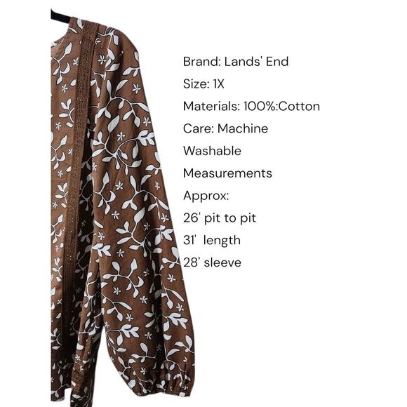 Lands' End Cotton Long Sleeve Split Neck Tunic Top‎ Women's 1X 16-18 Brown Lace - Picture 2 of 8